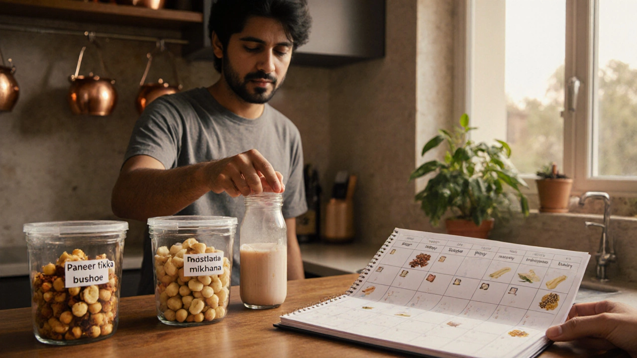 A hand arranging snack jars and containers on a weekly planner, showing a flexible snack‑prep routine.