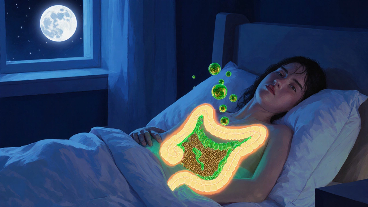 A person sleeping restlessly with glowing gas bubbles symbolizing digestive discomfort.