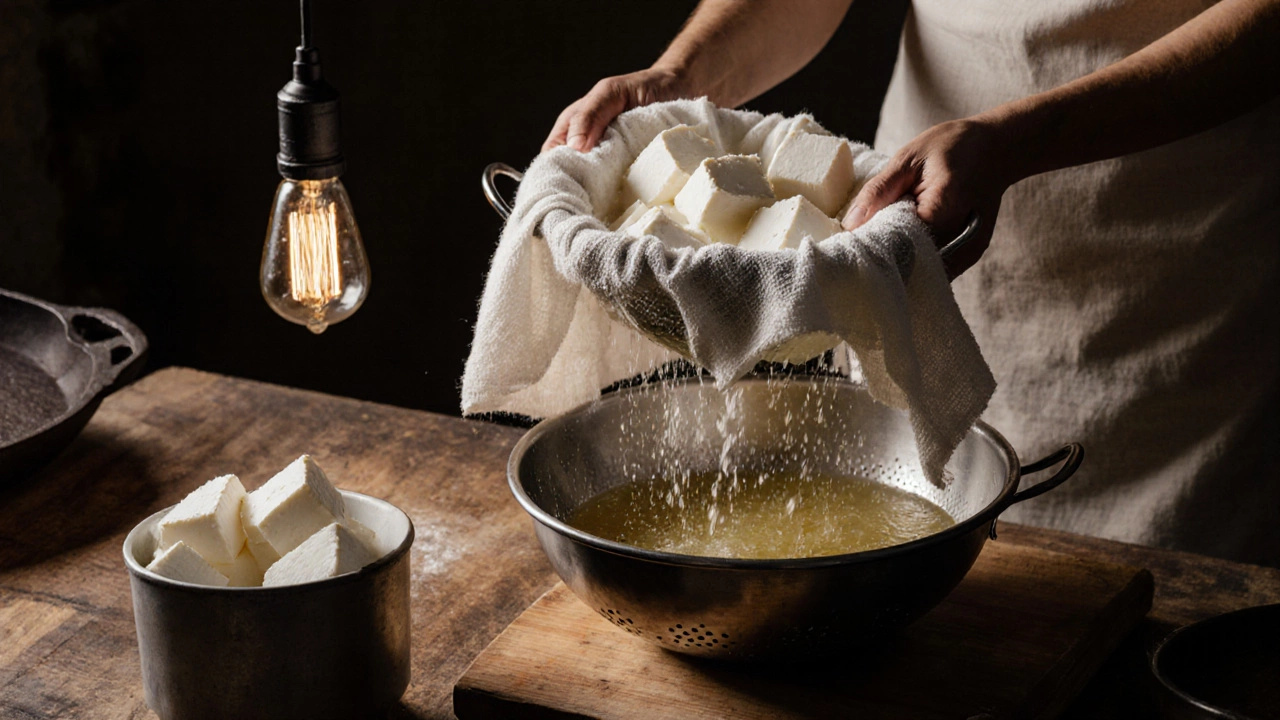 Cheesecloth-lined colander with white paneer curds being pressed and whey draining in a rustic kitchen.