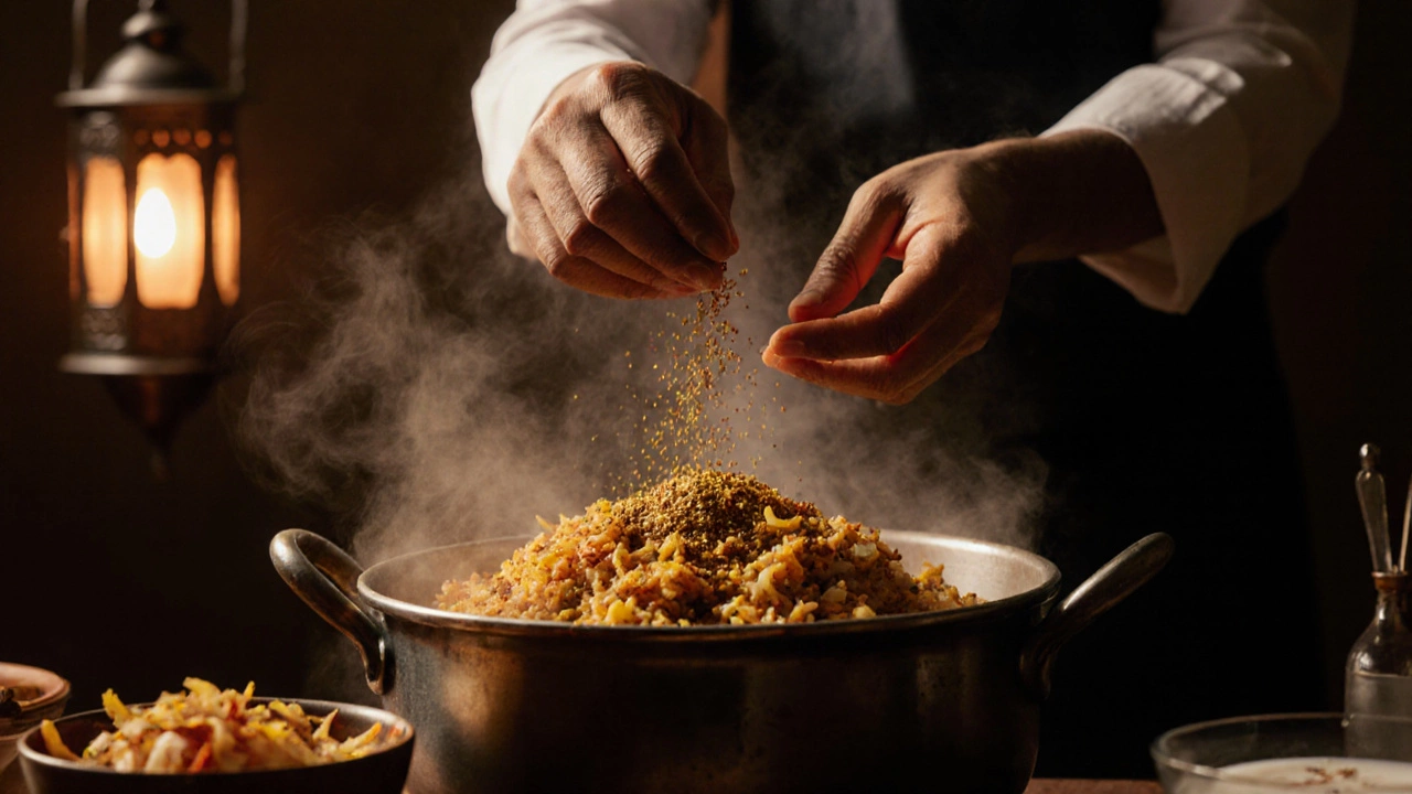 Chef sprinkling garam masala over steaming biryani in a warmly lit kitchen.
