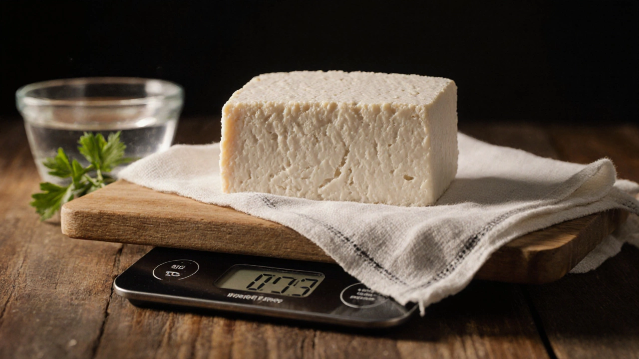 Close-up of a sliced paneer block on a scale showing about 503 g, with water bowl nearby.