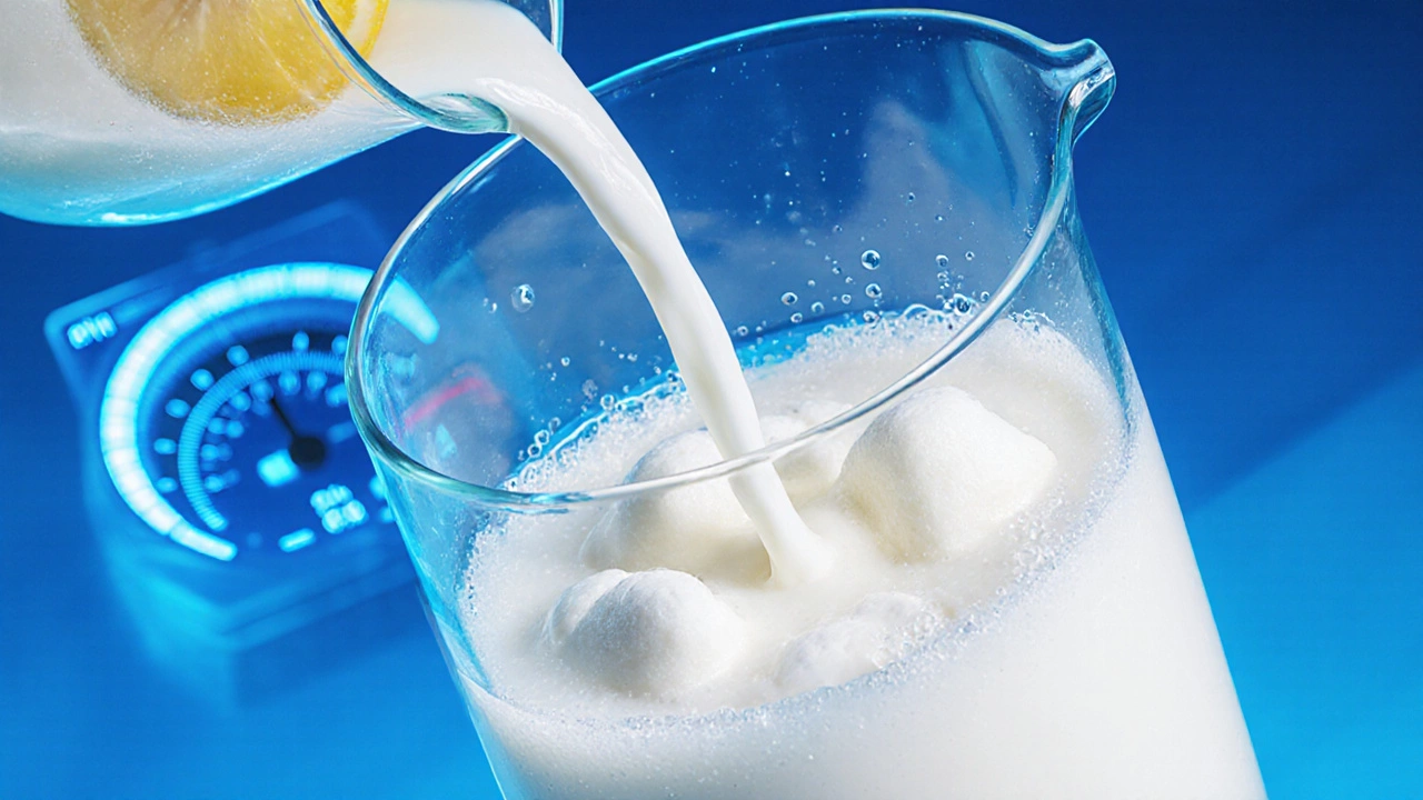 Close‑up of milk curdling as lemon juice is added, showing white curds in translucent liquid.