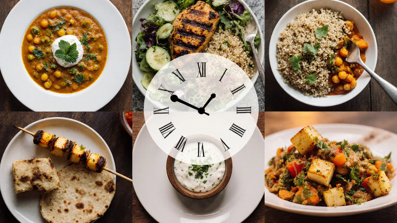 Collage of a day’s Indian meals following the 30/30/30 macro split, from breakfast to dinner.
