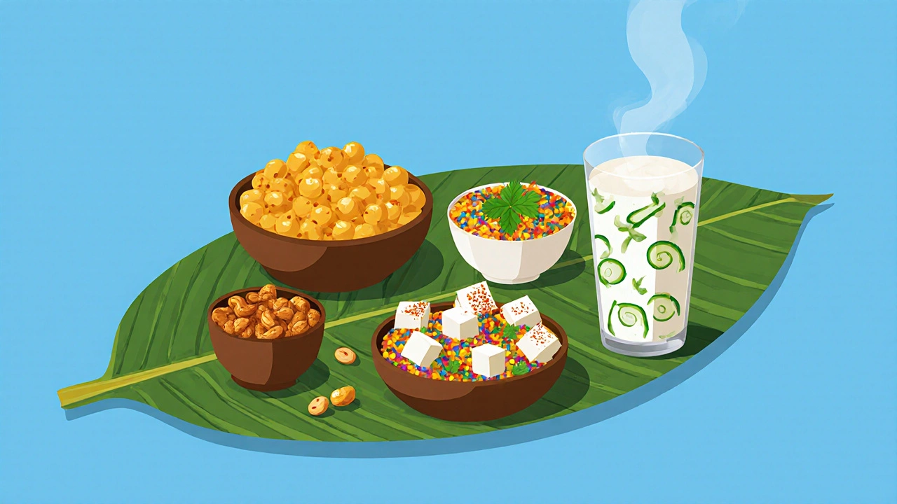Colorful Indian snack spread on a banana leaf with chana, peanuts, paneer, bhel puri, and raita.