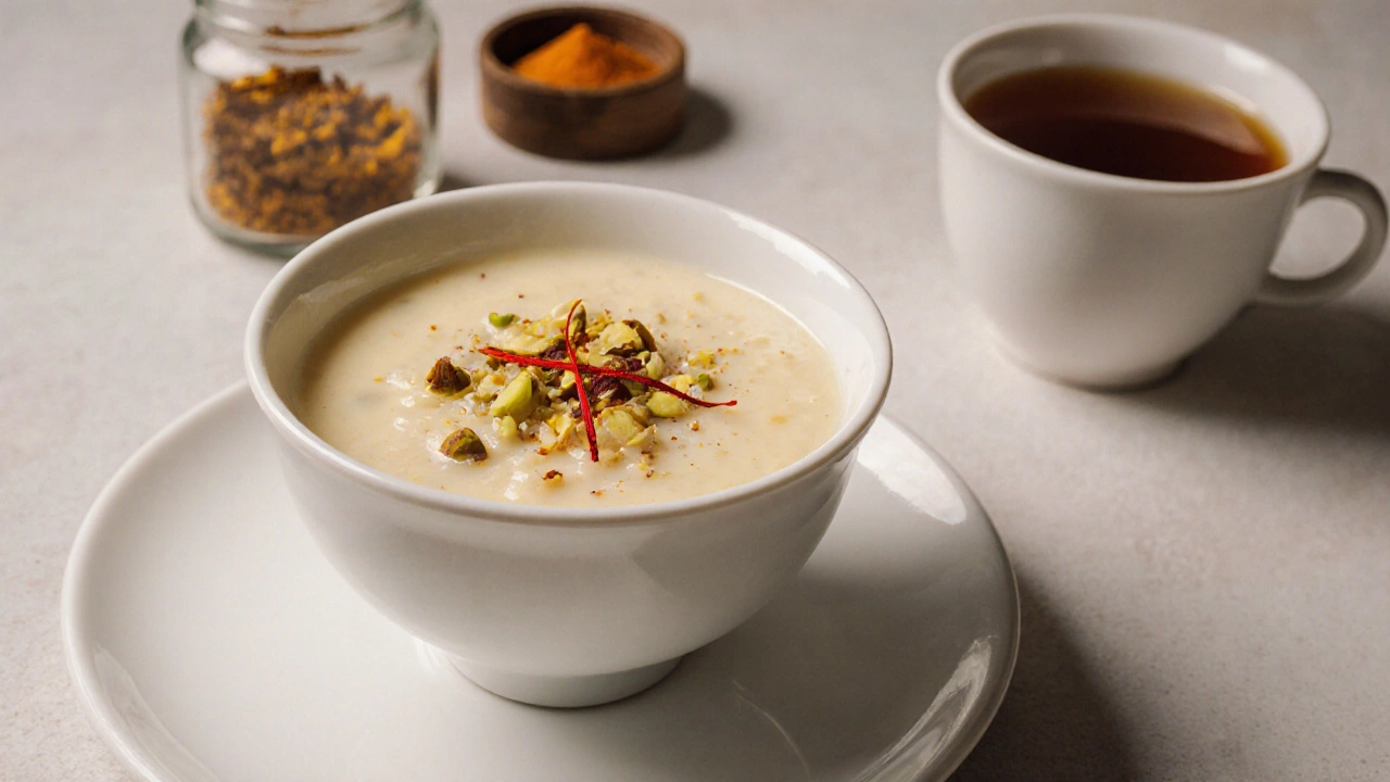 Creamy rice pudding with pistachios and saffron in a simple dessert bowl.