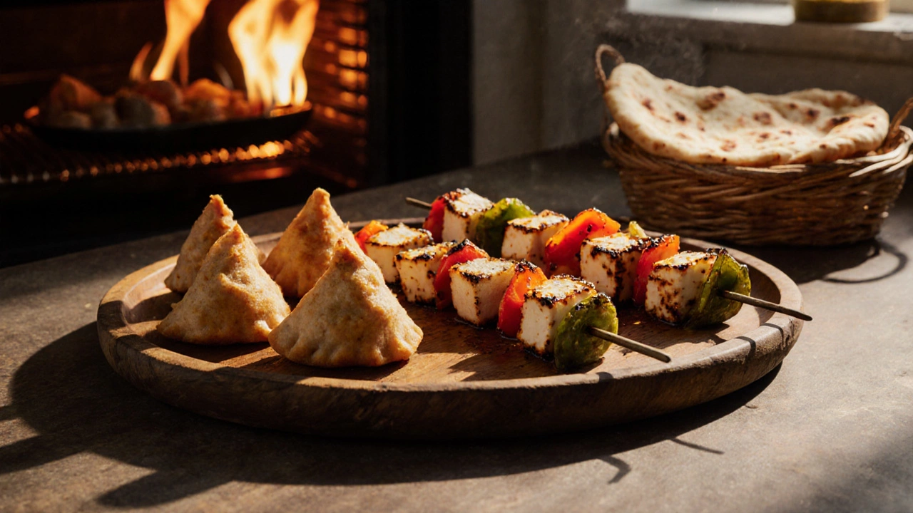 Crispy samosas and grilled paneer tikka skewers served on a wooden platter.