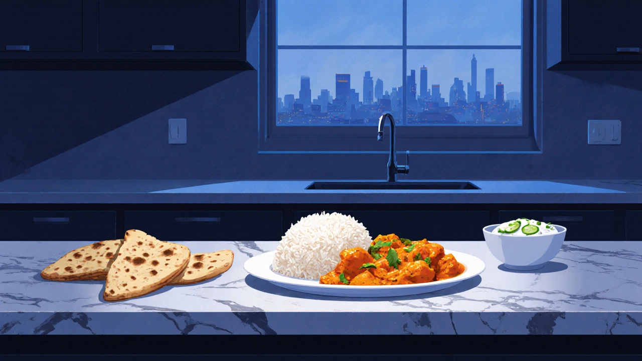 Digital illustration of a home kitchen with butter chicken, rice, naan, and raita.