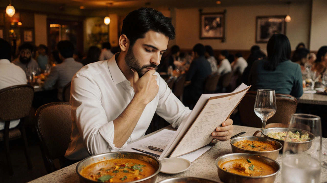 Diner looking at menu with colorful curries displayed on the table.