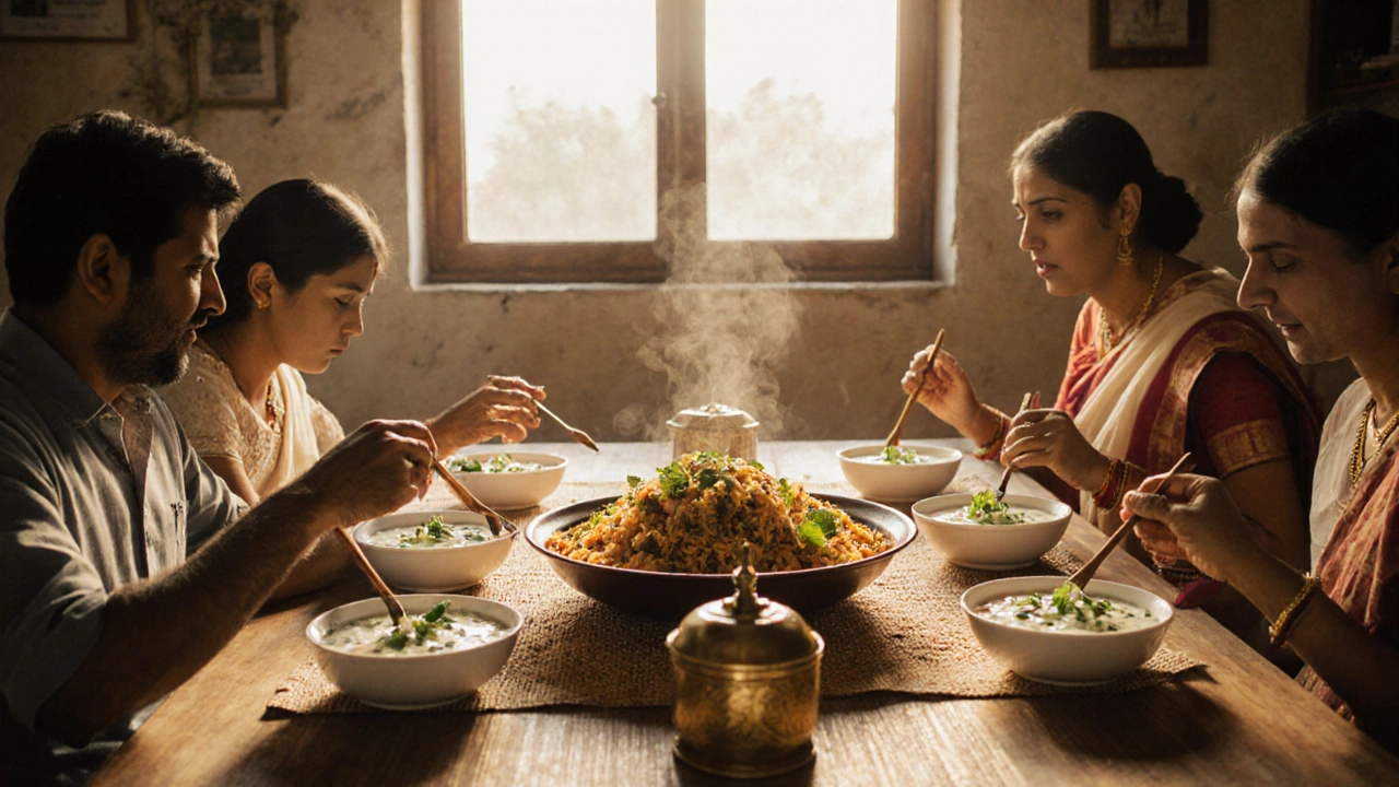 Family at a kitchen table serving biryani with three different raita bowls.
