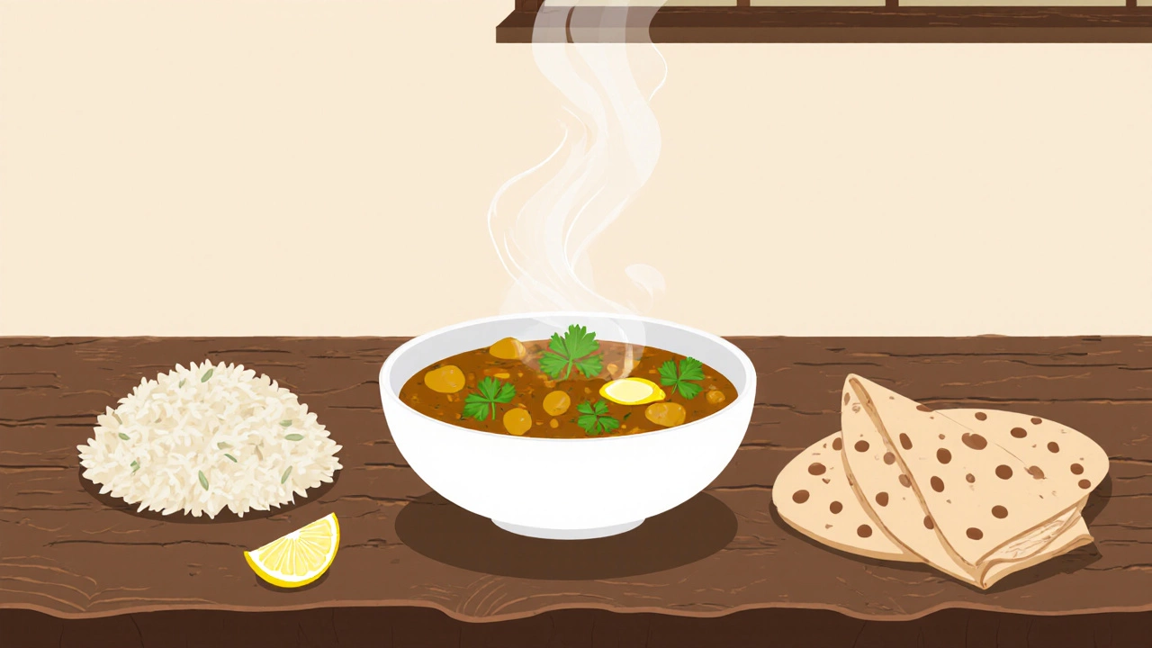 Flat‑design table with a bowl of moong dal, cilantro garnish, rice and roti.