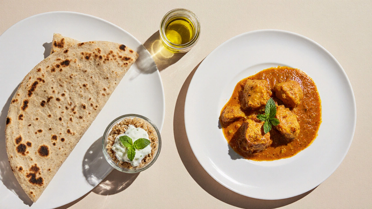 Flat‑lay of a light chicken tikka masala, roti, brown rice, and cucumber raita.