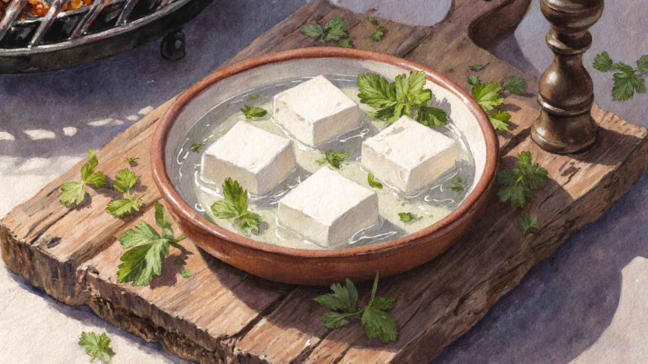 Fresh paneer cubes resting in whey on a wooden board, surrounded by herbs.
