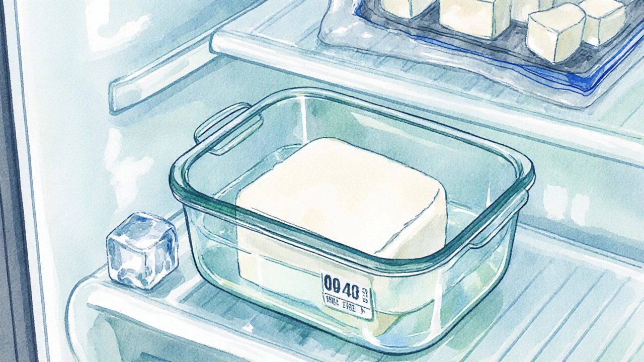 Fridge shelf with airtight container holding paneer submerged in water and frozen cubes nearby.