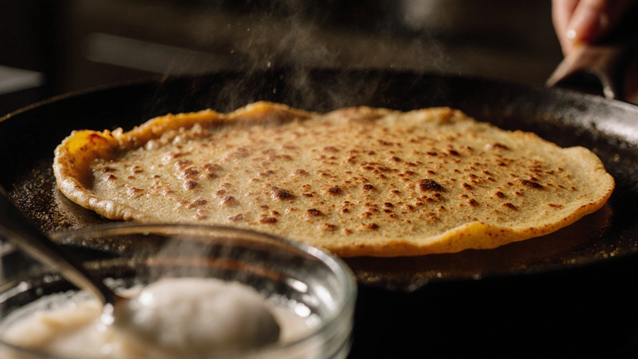 Golden crisp dosa cooking on a pan, showing airy texture and bubbling surface.