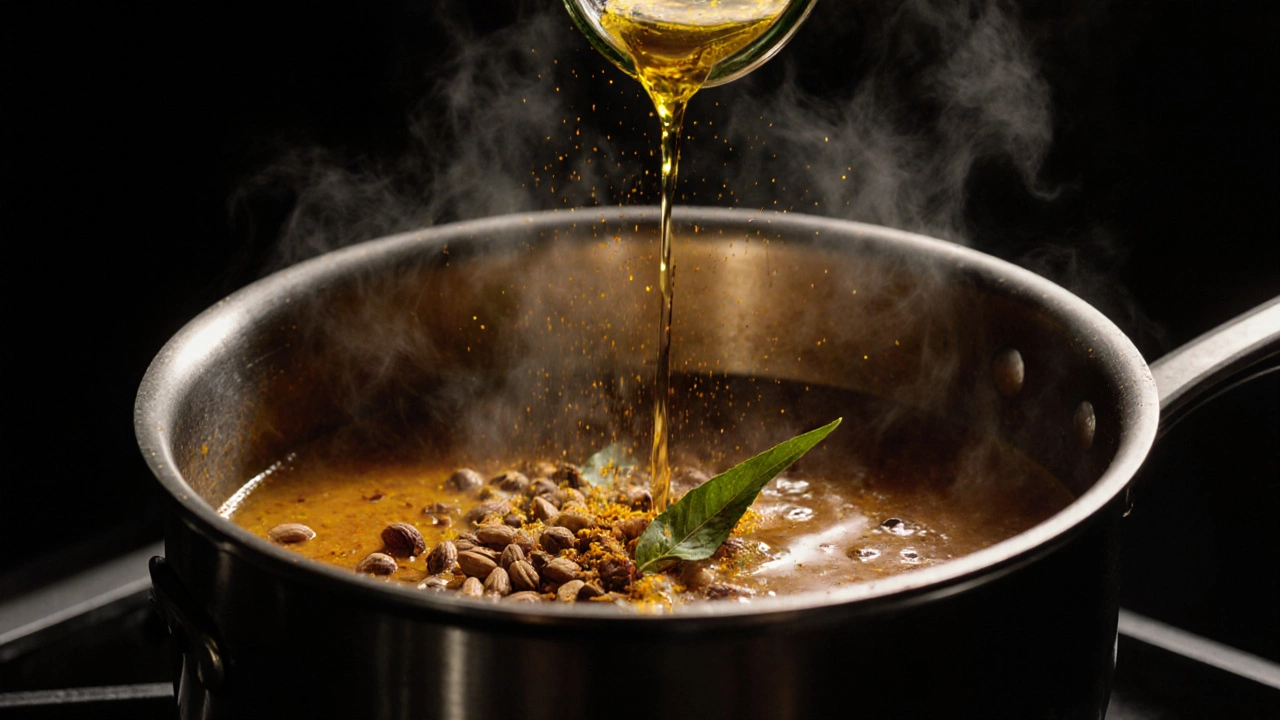 Golden tempering being poured over a steaming pot of dal with cumin and turmeric.