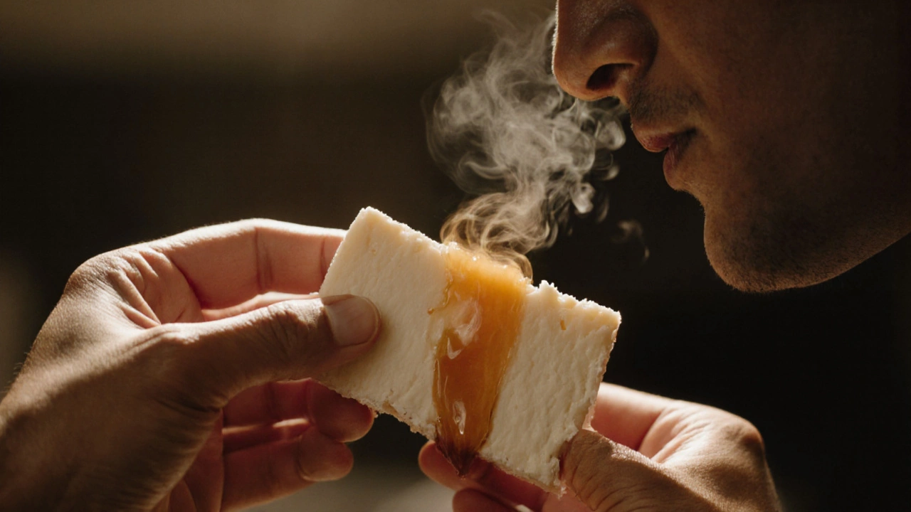 Hand pressing paneer while another hand smells fresh and spoiled slices.