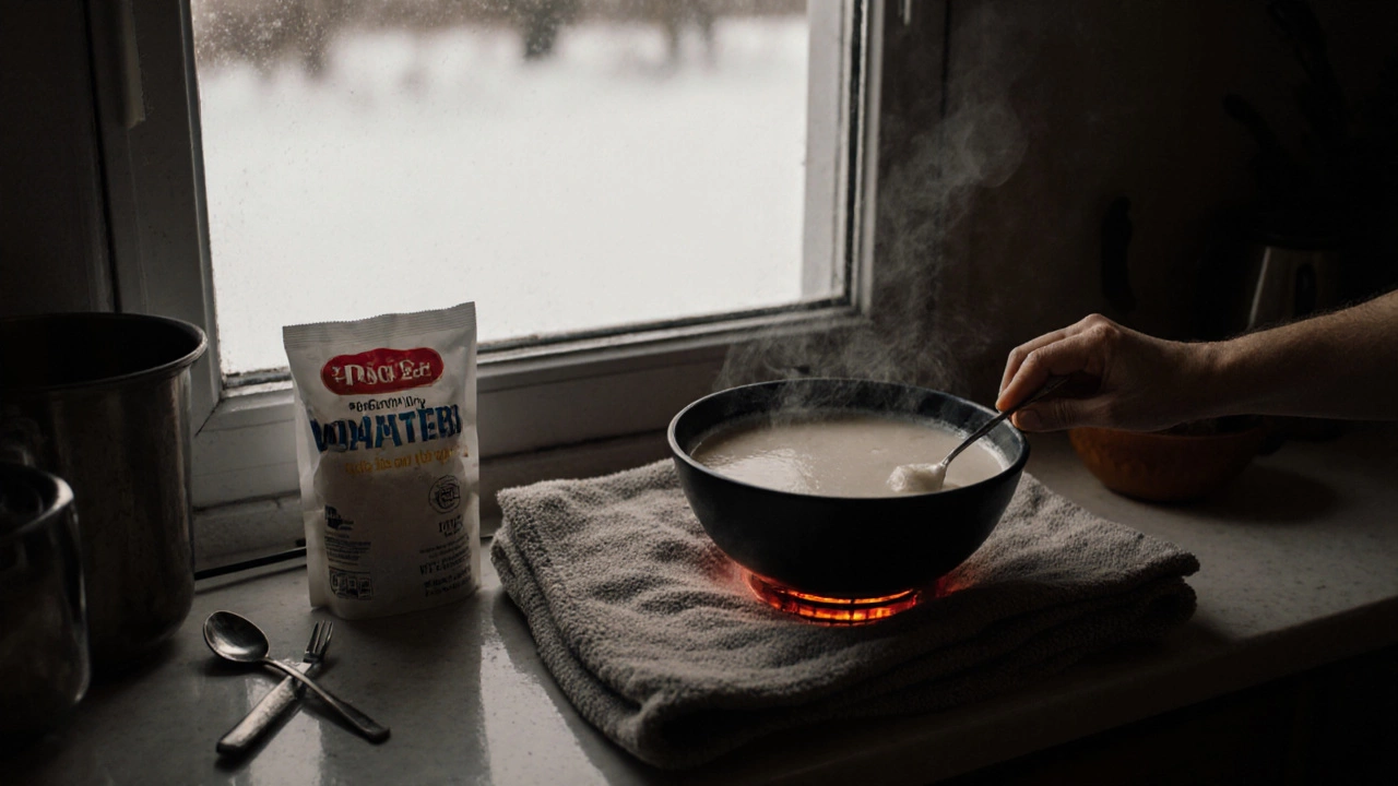 Home cook warming dosa batter with a heating pad in a cold kitchen, yeast packet nearby.