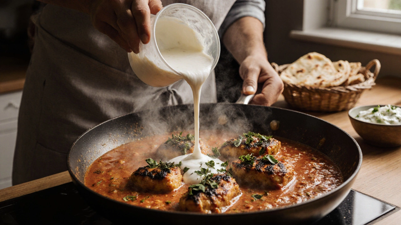 Home kitchen scene of cream being added to Chicken Tikka Masala sauce with charred chicken and side dishes.