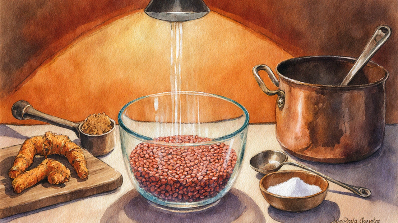 Kitchen countertop with rinsing lentils, baking soda, fresh turmeric and asafoetida.
