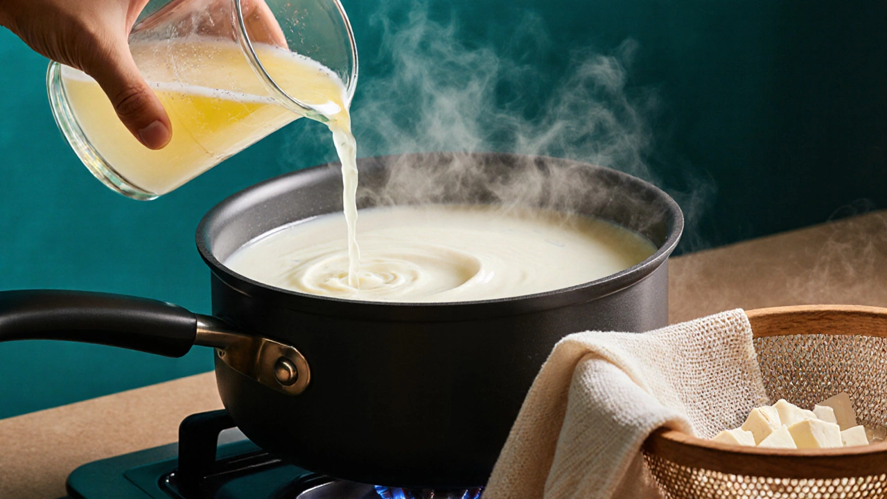Macro view of milk curdling as lemon juice is poured into hot milk, with cheesecloth ready.
