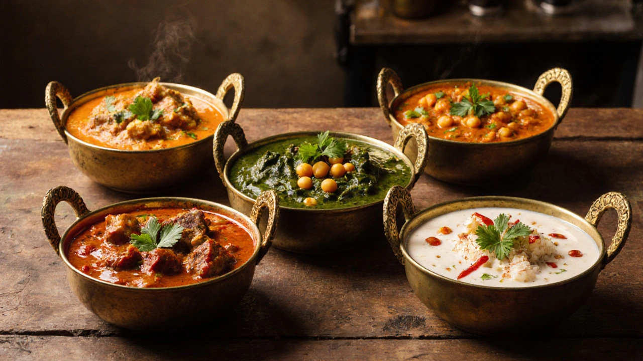 Oil painting of five Indian curry bowls with garnish on a rustic table.