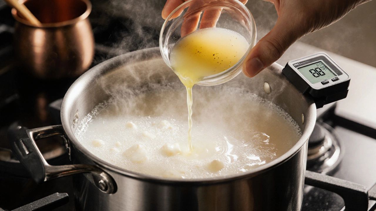 Pot of milk at 88 °C with lemon juice being poured, steam rising as curds begin to form.