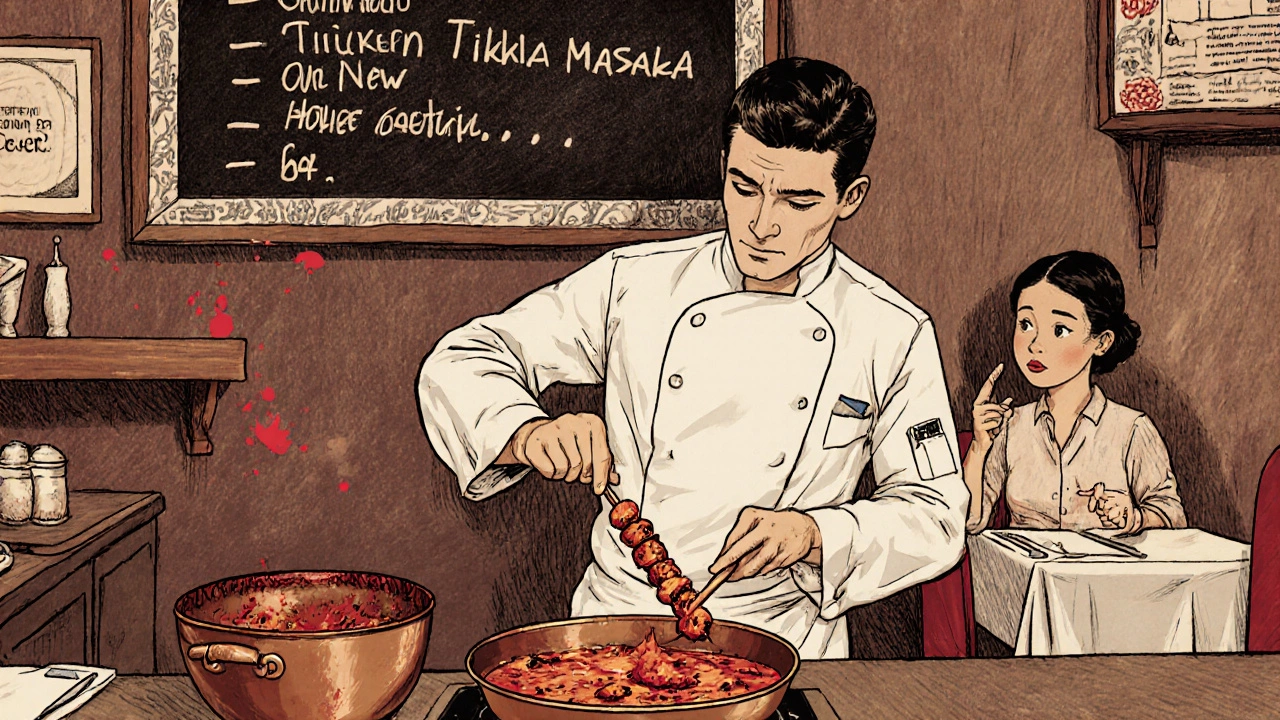 Retro illustration of a 1960s London restaurant chef adding tomato‑cream sauce to grilled chicken.