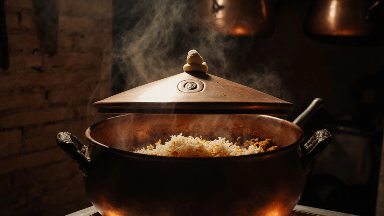 Sealed copper pot cooking biryani with steam escaping, showing layered rice and meat.