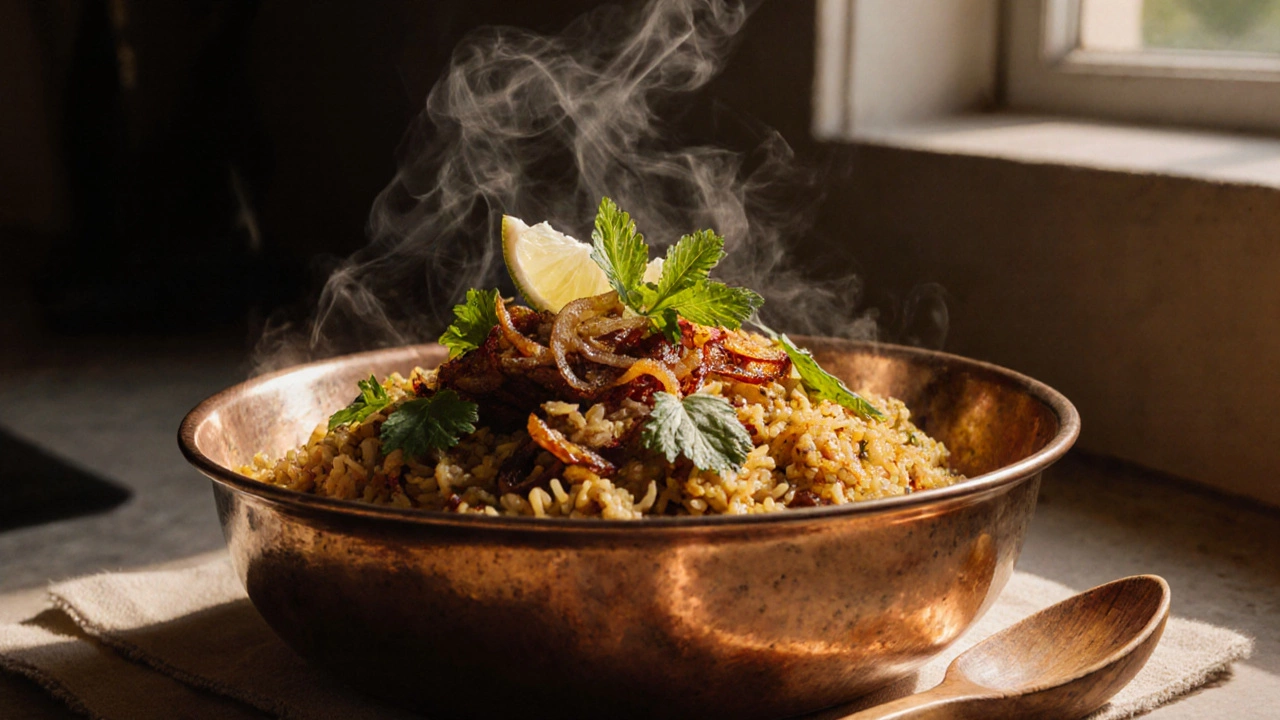 Served biryani topped with golden fried onions, mint, cilantro and lemon wedge.