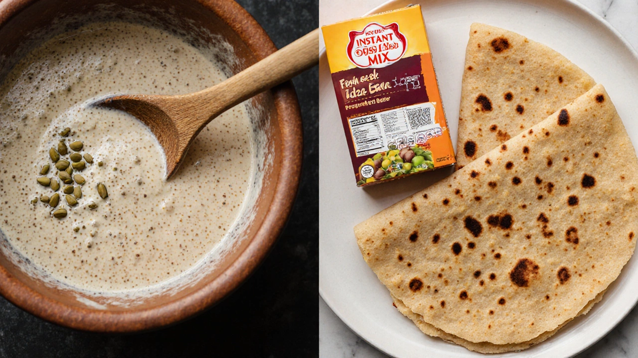 Side-by-side comparison of naturally fermented dosa batter and packaged instant mix with flat dosa.