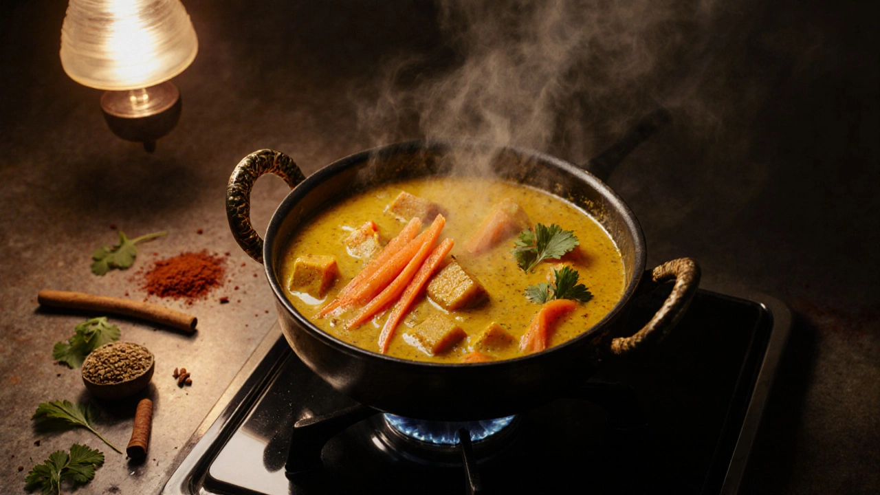 Simmering curry pot with julienne, diced, and baton carrot pieces floating in broth.
