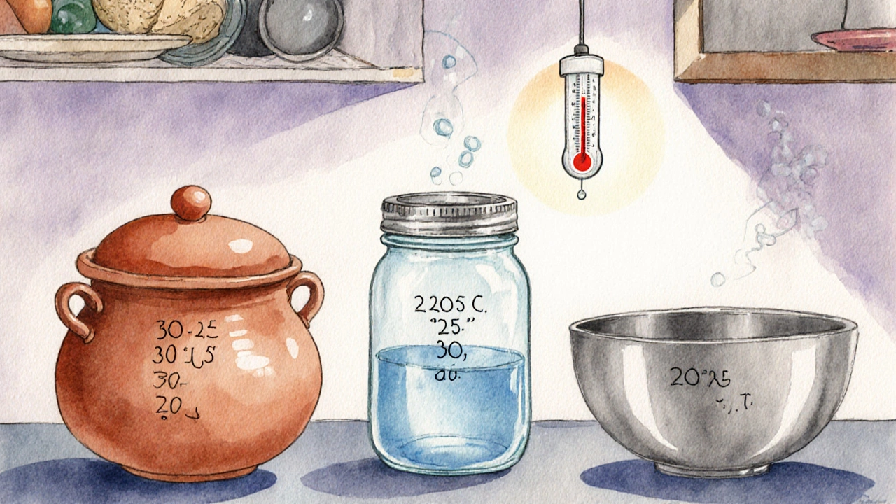 Three fermentation containers (clay pot, glass jar, steel bowl) with temperature labels.