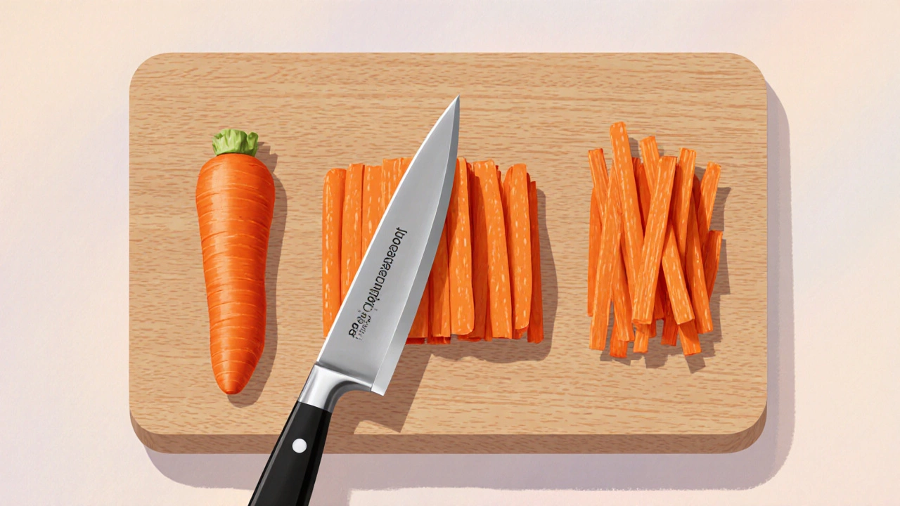 Top‑down illustration of carrot being sliced into julienne strips.