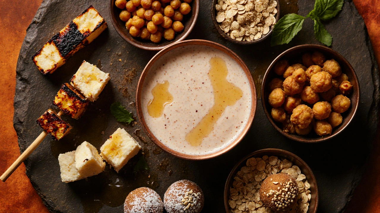 Top‑down view of seven Indian snacks: paneer tikka, banana milkshake, peanut chikki, roasted chickpeas, makhana, almond ladoo, and gur‑oats.