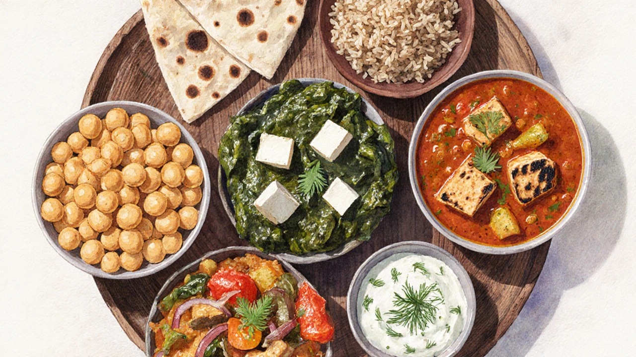 Top view of five different curry bowls with side dishes on a wooden board.