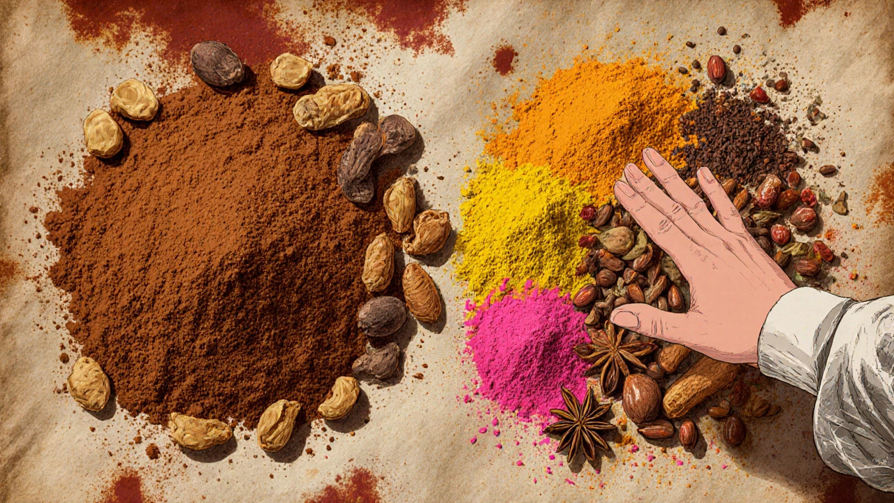Vintage illustration contrasting authentic garam masala with prohibited spices.