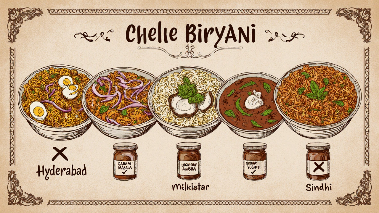 Vintage poster showing regional biryani styles and garam masala usage.