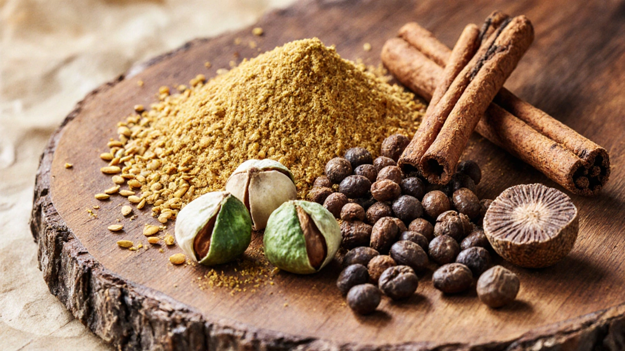 Watercolor close‑up of the seven core garam masala spices on a wooden board.