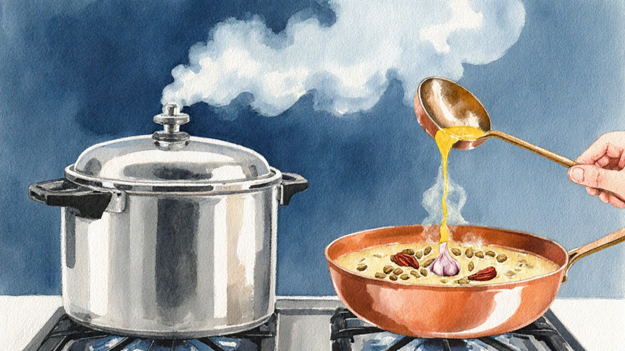 Watercolor kitchen scene with pressure cooker steaming and ghee tempering being poured over dal.