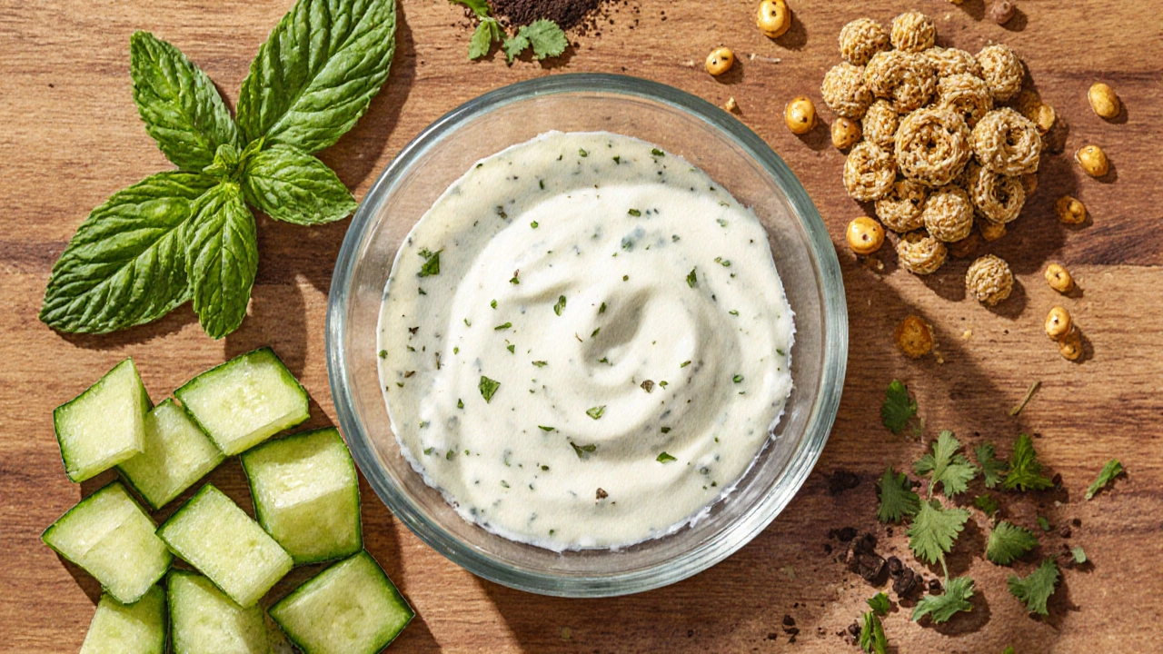 Watercolor layout of yogurt, cucumber, mint, cumin, pepper, and boondi for raita.