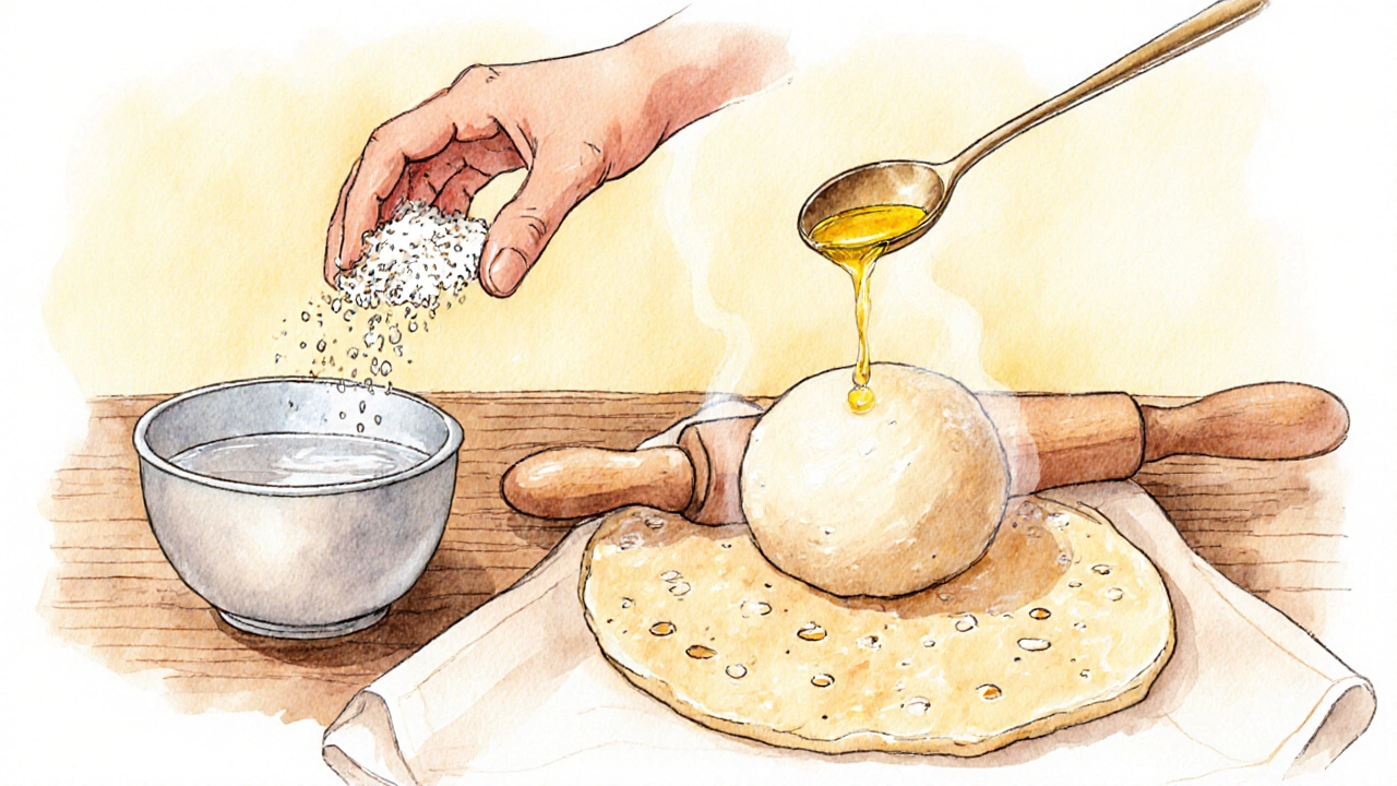 Watercolor of flour, warm water, ghee, and dough covered with a cloth.