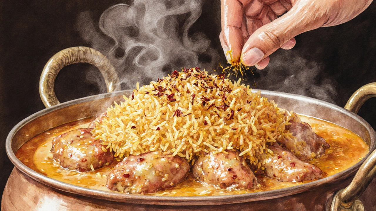 Watercolor of Hyderabadi biryani layers with garam masala being added.