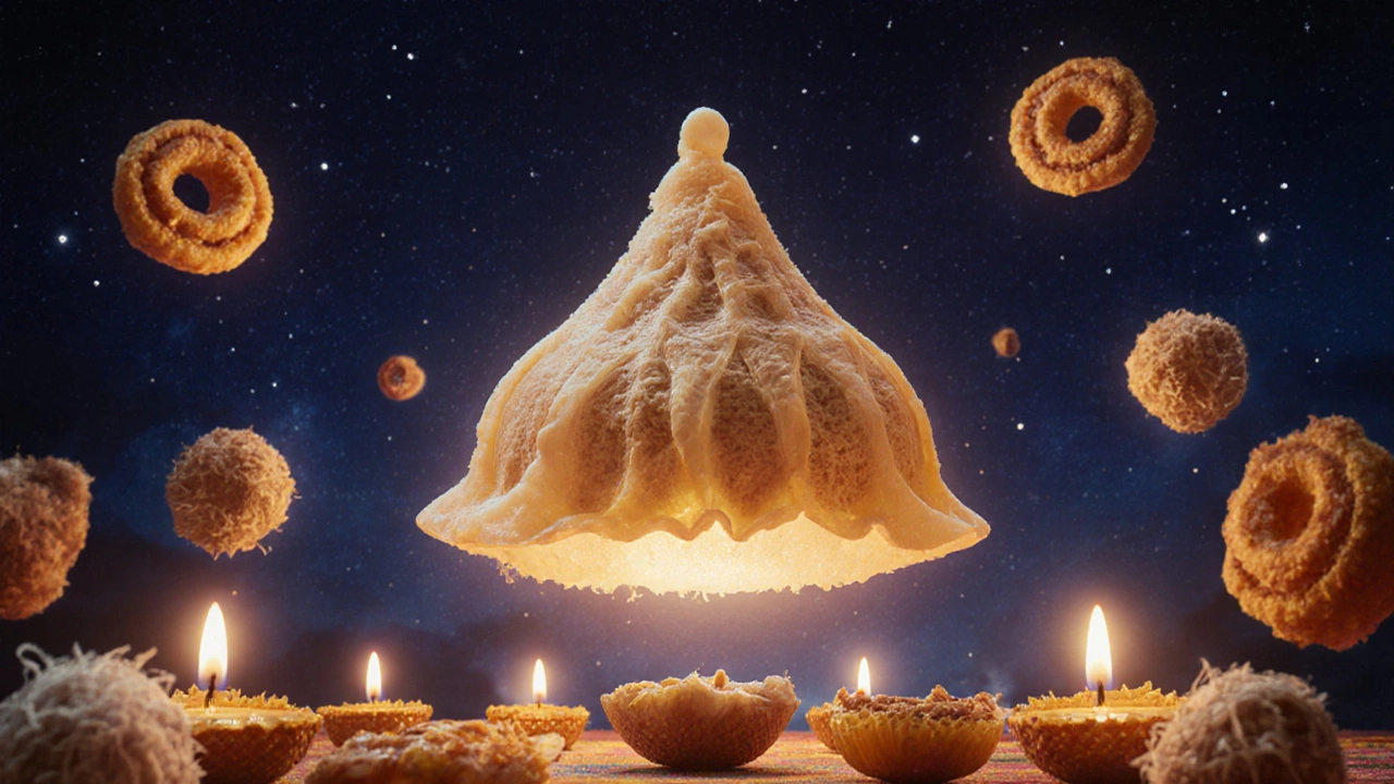 A giant modak dumpling floats above a Diwali celebration with sweets as glowing stars.