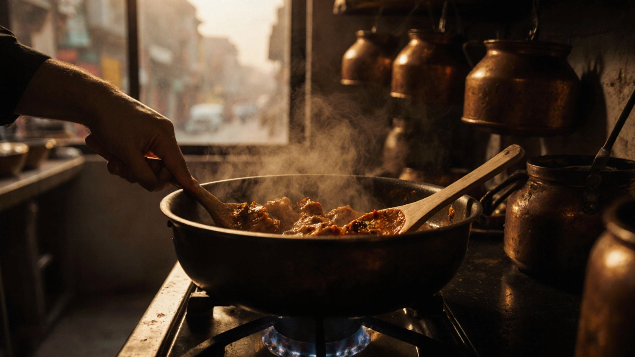 Chef stirring butter chicken in a pot, steam rising, browned bits visible on the pan&#039;s surface.