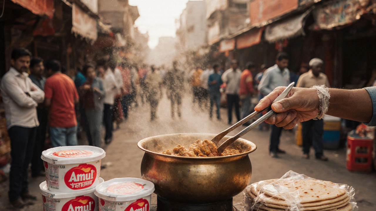 Clean hands serving hot dal with branded yogurt and chapati in background