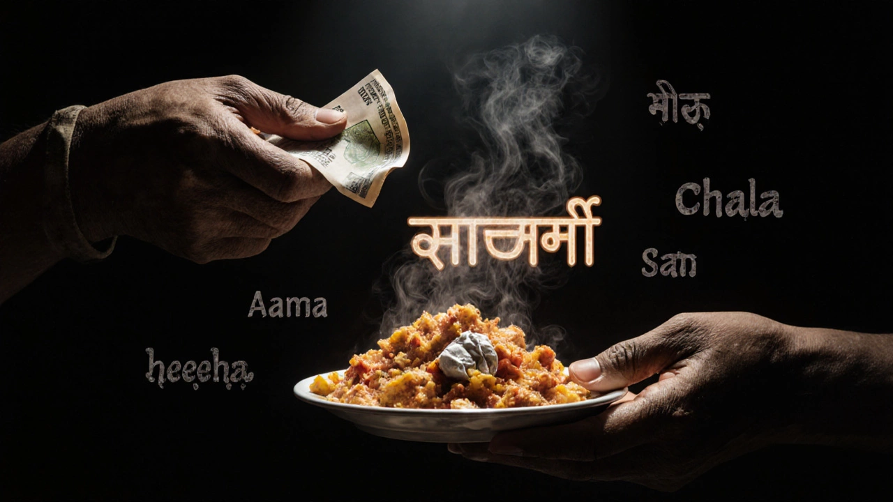 Close-up of hands exchanging food with the word &#039;Theekha&#039; dissolving into steam amid floating regional slang.