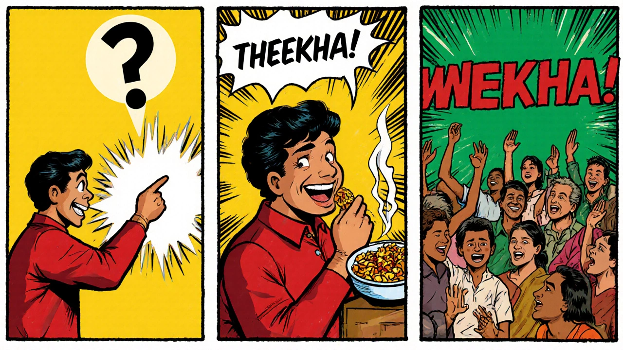 Comic-style sequence showing a street food vendor saying &#039;Theekha!&#039; as a customer receives bhel puri.