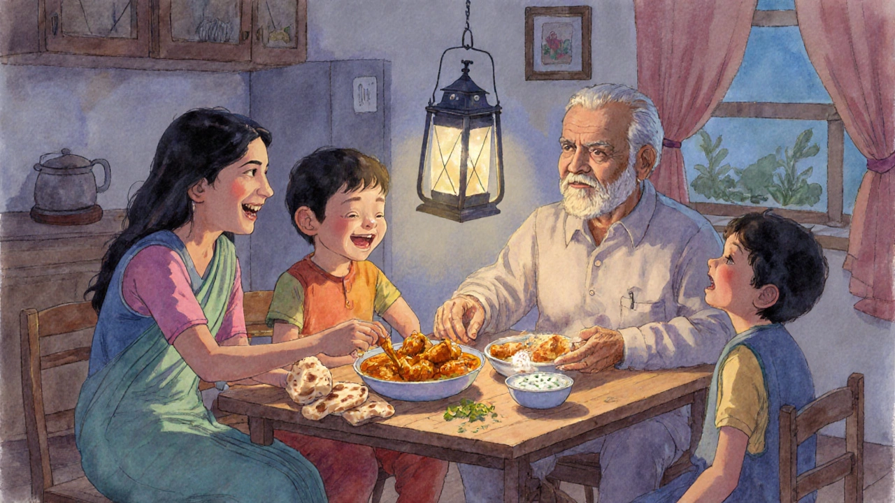 Family sharing butter chicken at a home table, warm light, laughter in the air.