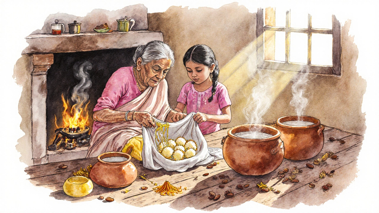 Grandmother and granddaughter making rasgulla in a traditional Indian kitchen.