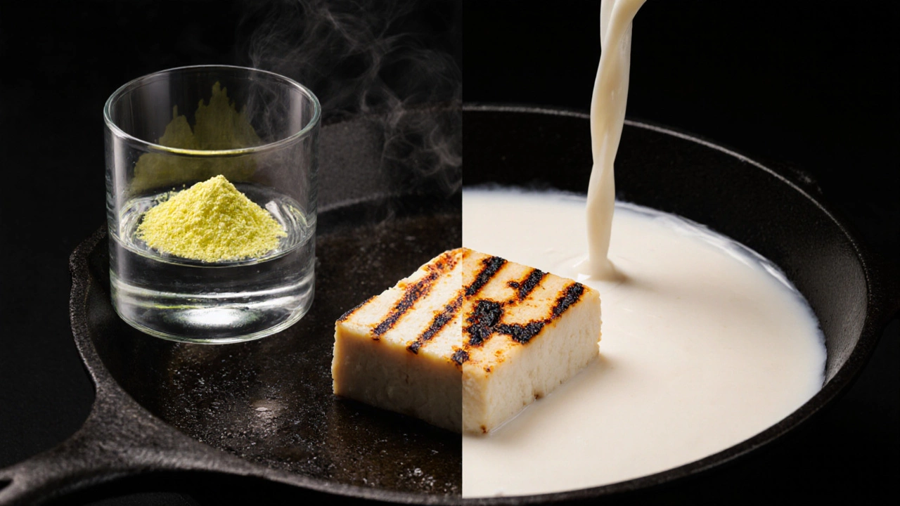 Grilled paneer cube with chemical process of acid curdling shown in split background.